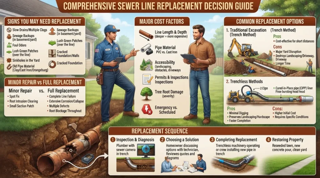 Visual guide showing when sewer line replacement may be needed, key warning signs, cost considerations, replacement options, and the typical next steps in the process.