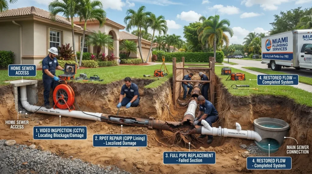 Miami sewer line services showing main sewer line inspection, pipe repair, damaged sewer replacement, and complete sewer line solutions.