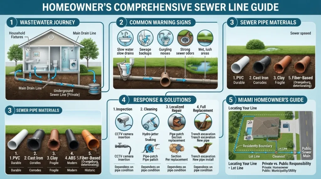 Visual guide showing how residential sewer lines work, common warning signs of sewer problems, major pipe materials, repair options, and key sewer line considerations for Miami homeowners.