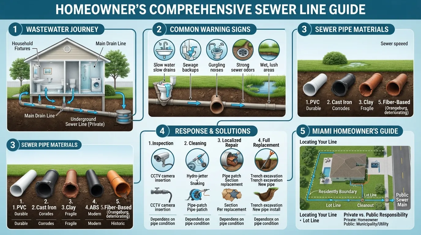 Visual guide showing how residential sewer lines work, common warning signs of sewer problems, major pipe materials, repair options, and key sewer line considerations for Miami homeowners.