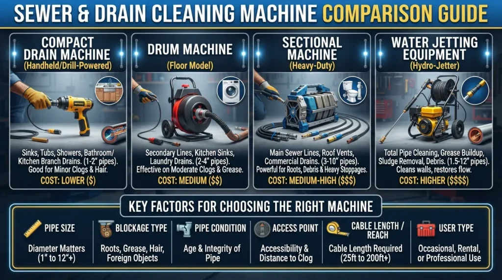 Real sewer machine comparison showing common drain cleaning machine types, their uses, cost considerations, and key factors for choosing the right machine for a clogged drain or sewer line.