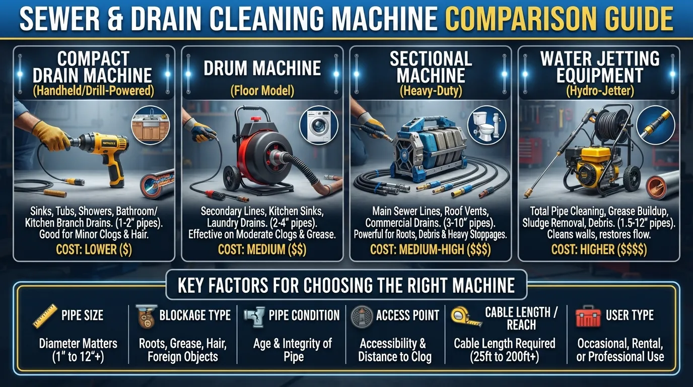 Real sewer machine comparison showing common drain cleaning machine types, their uses, cost considerations, and key factors for choosing the right machine for a clogged drain or sewer line.