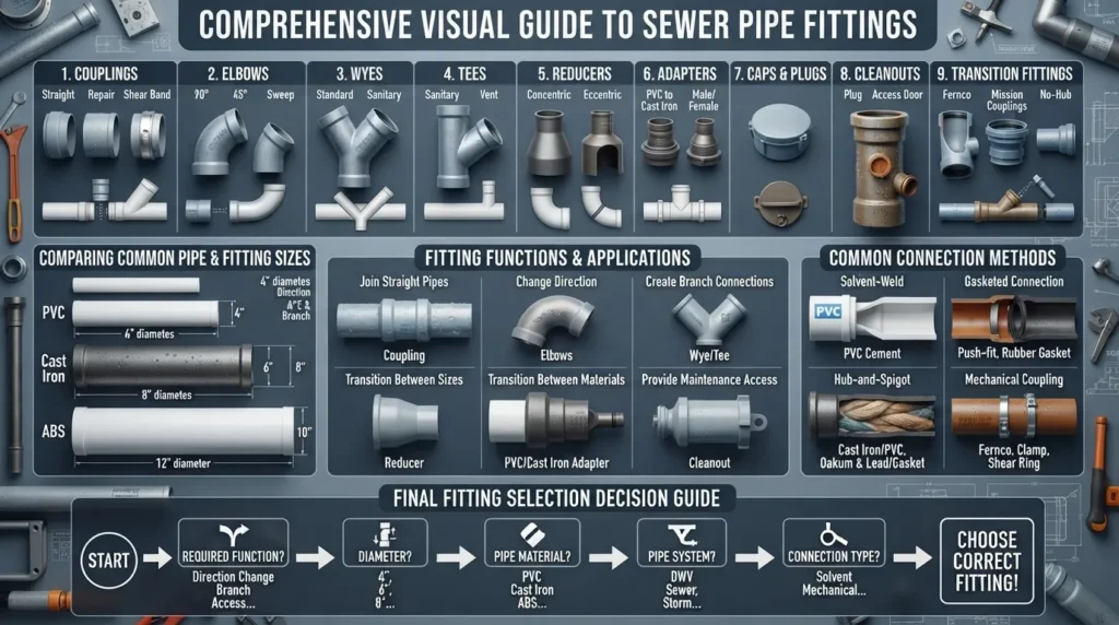 Visual guide showing common sewer pipe fittings, fitting sizes, connection types, and how to choose the correct fitting for a sewer or drainage system.
