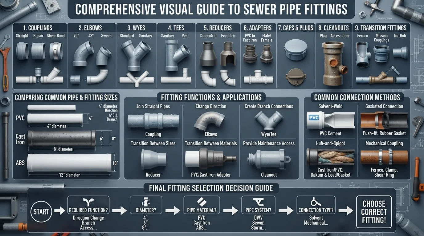 Visual guide showing common sewer pipe fittings, fitting sizes, connection types, and how to choose the correct fitting for a sewer or drainage system.