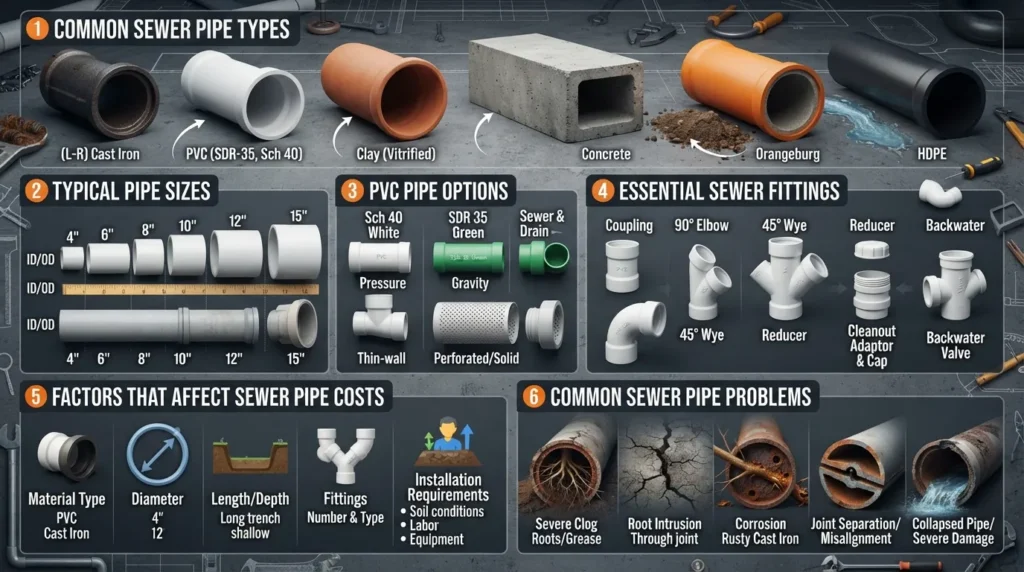 Visual sewer pipe guide showing common pipe types, pipe sizes, PVC options, sewer fittings, cost factors, and common sewer pipe problems.