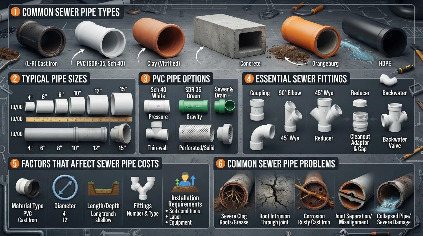 Visual sewer pipe guide showing common pipe types, pipe sizes, PVC options, sewer fittings, cost factors, and common sewer pipe problems.