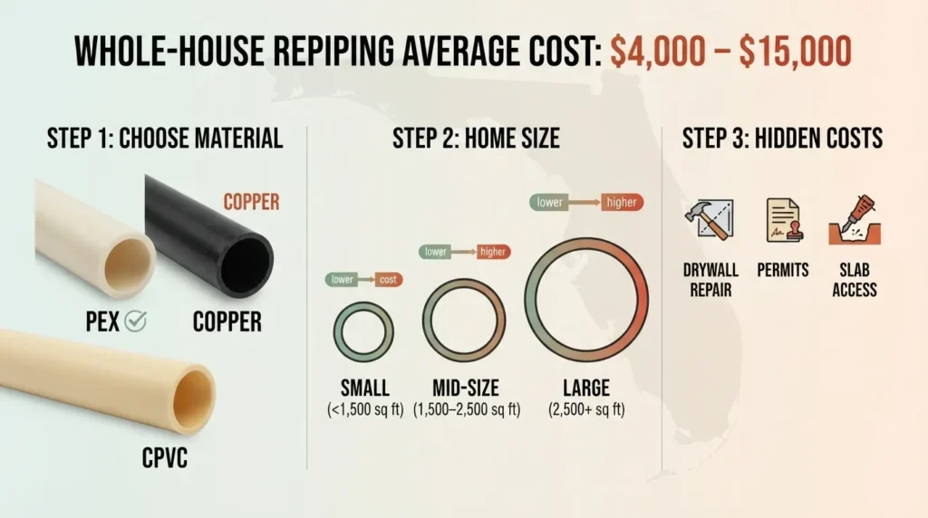 Miami homeowner comparing PVC and ABS sewer plumbing pipes with pricing and size labels for a buying guide