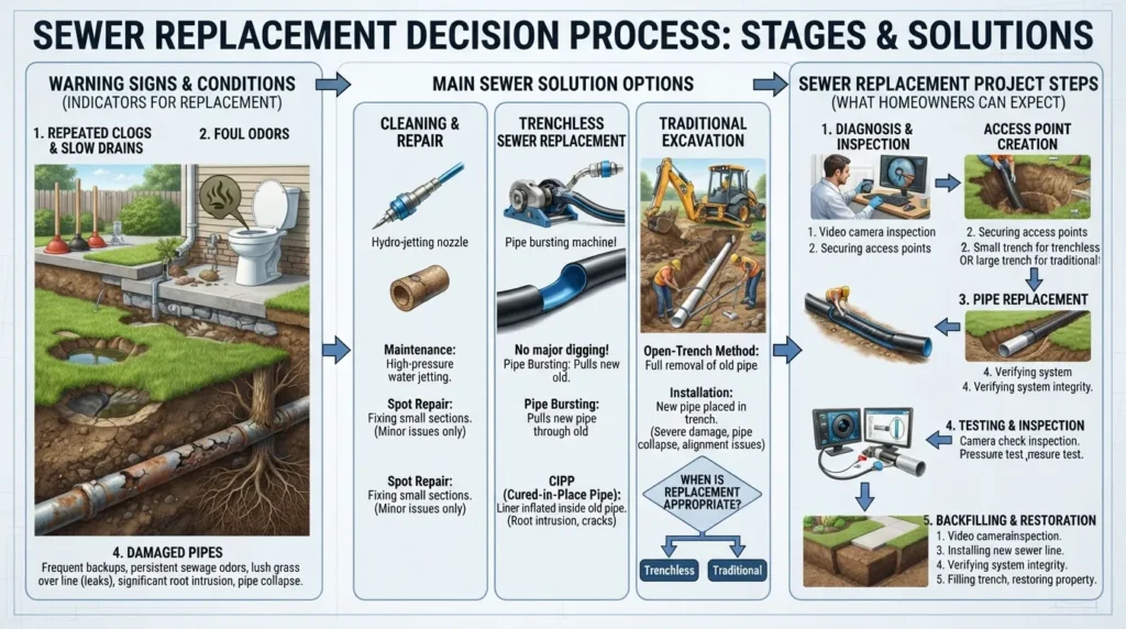 Visual guide showing when sewer replacement may be needed, available repair and replacement options, and the main stages homeowners can expect during the process.
