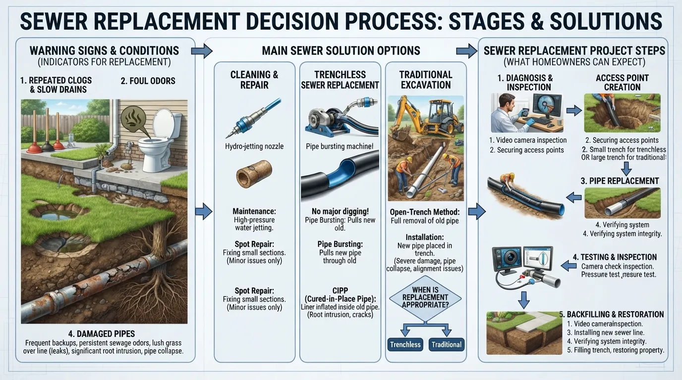 Visual guide showing when sewer replacement may be needed, available repair and replacement options, and the main stages homeowners can expect during the process.