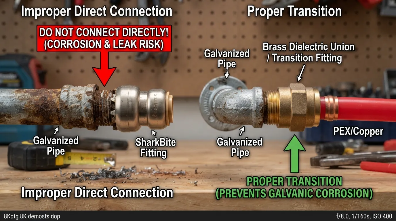 SharkBite fitting and galvanized steel pipe showing why a direct push-to-connect connection is not recommended