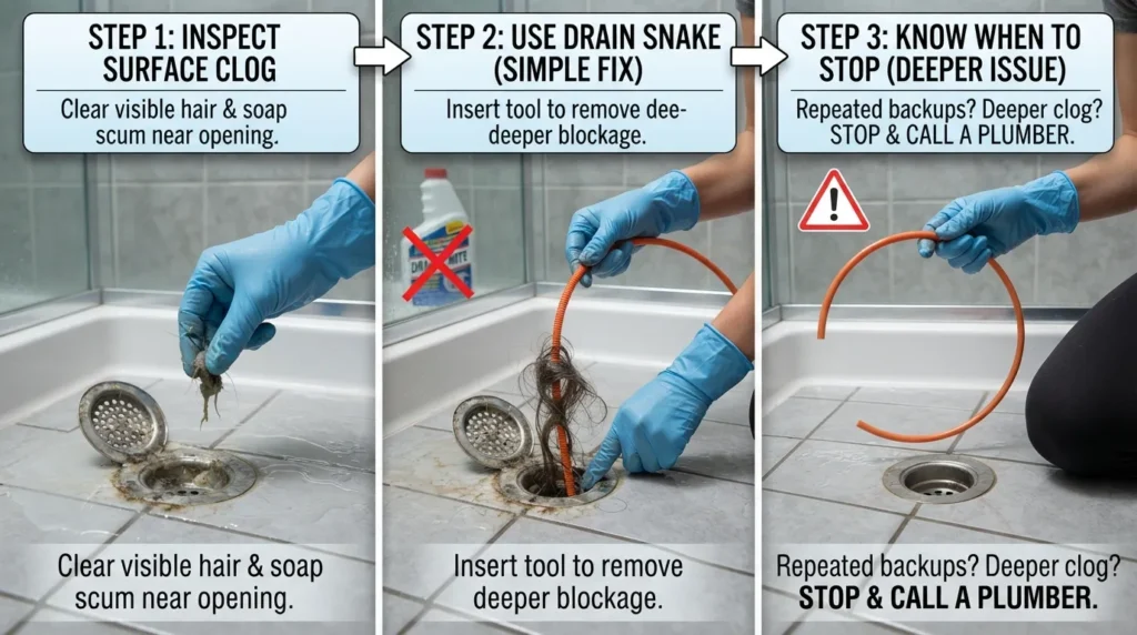 Shower drain troubleshooting image showing common clog causes, how to identify the blockage, and safe steps to restore proper drainage.