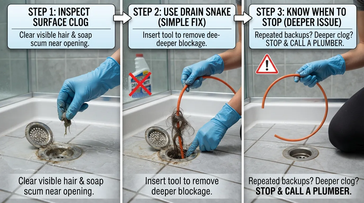 Shower drain troubleshooting image showing common clog causes, how to identify the blockage, and safe steps to restore proper drainage.