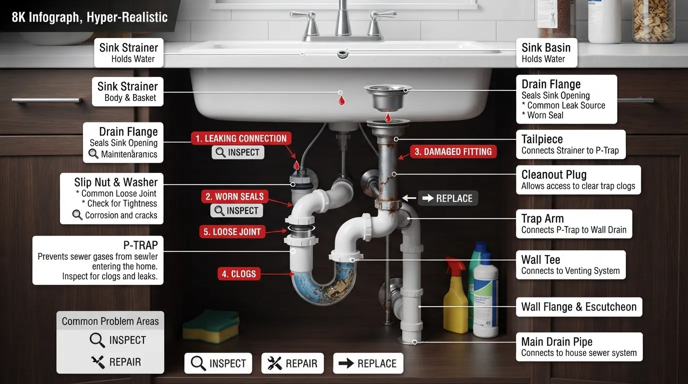 Labeled sink drain parts diagram showing the main components, what each part does, common problem areas, and which parts may need replacement.