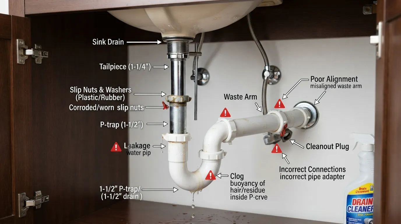 Sink drain pipe showing common sizes, key parts, replacement areas, and common troubleshooting points