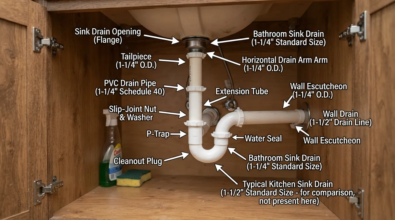 Diagram showing sink PVC pipe sizes, tailpiece, P-trap, drain fittings, slip-joint connections, and under-sink drain layout