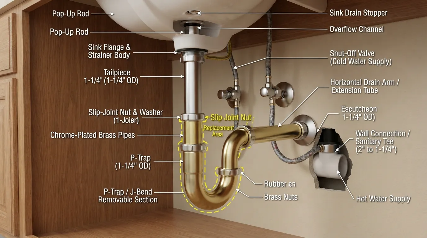 Sink pipe diagram showing common sizes, drain parts, pipe types, P-trap, tailpiece, and replacement connections