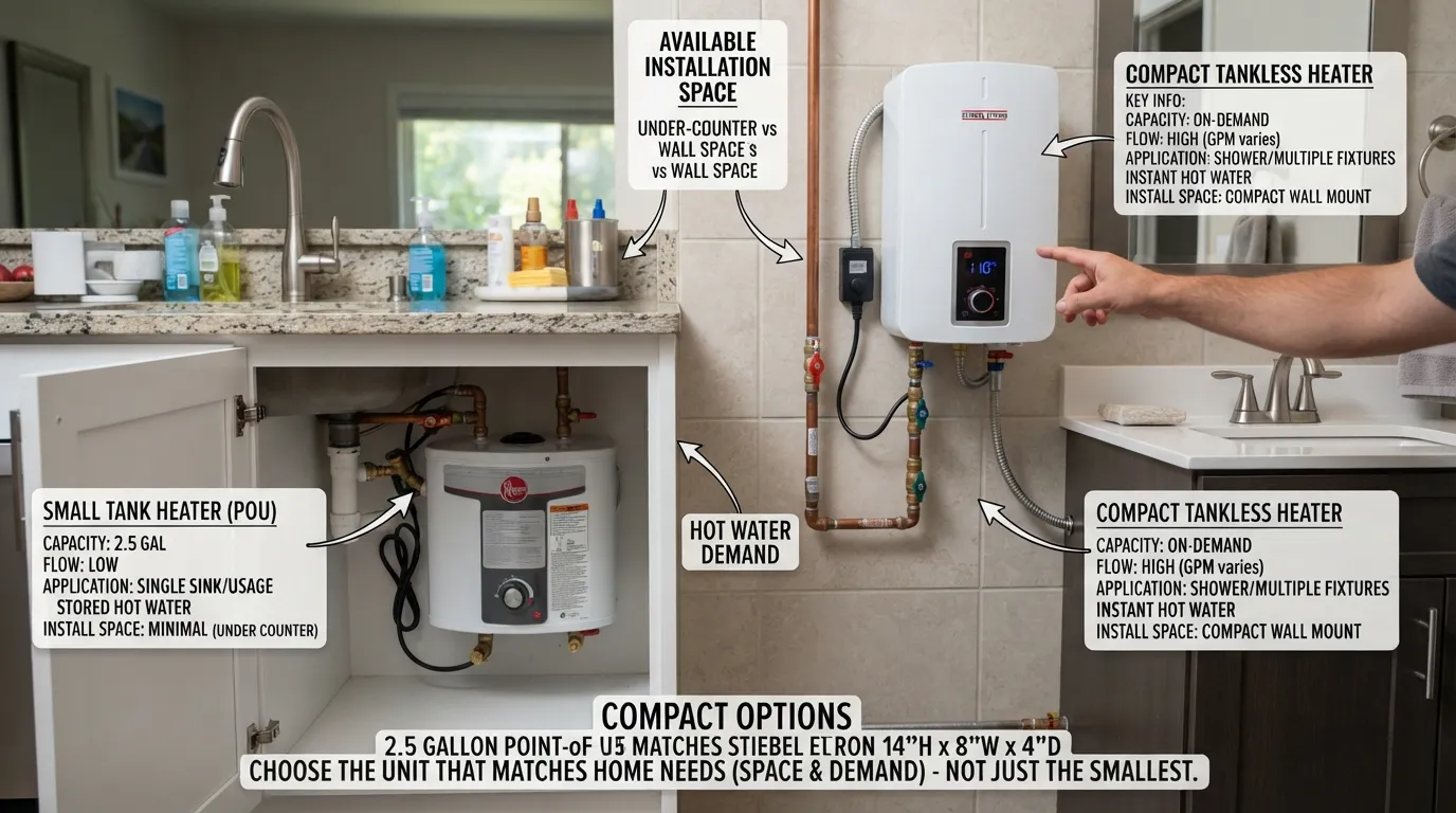 Comparison of compact small water heaters showing different sizes, tank and tankless options, and suitable home applications.