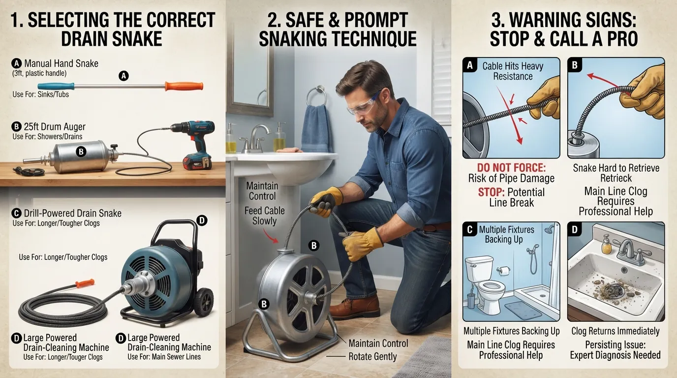 Homeowner comparing different drain snake tools, using a drain snake safely in a clogged drain, and recognizing warning signs that mean it is time to stop and call a plumber.