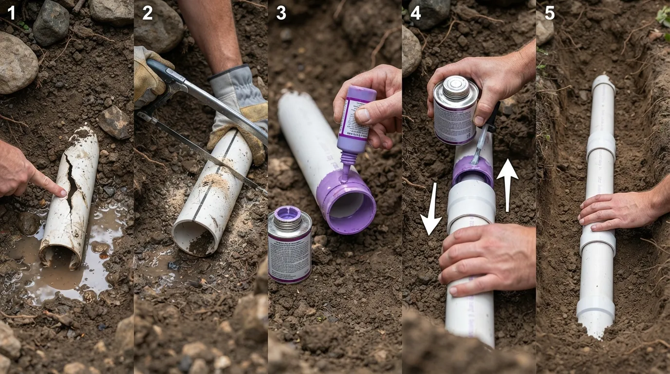 Homeowner using a pipe repair clamp and epoxy putty to fix a leaking water pipe under a sink, with shut-off valve and towel visible nearby