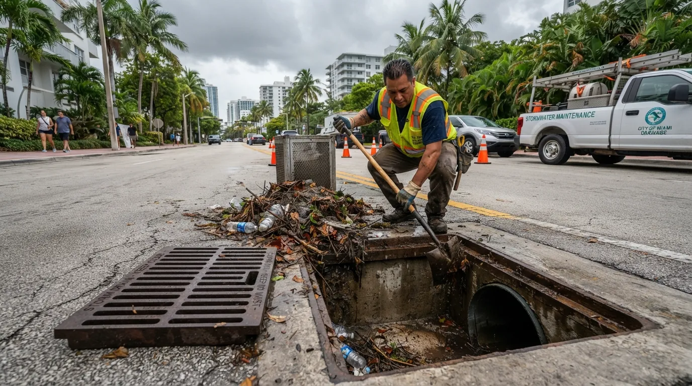 Professional storm drain cleaning in Miami removing debris and blockages to keep rainwater flowing and help prevent flooding before heavy rain.