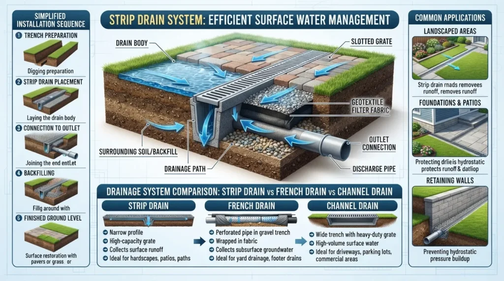 Diagram showing a strip drain system, how it collects and carries water, common uses, basic installation steps, and comparison with French and channel drains.