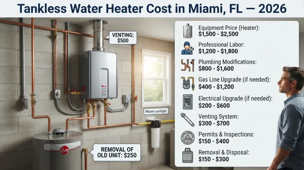 Tankless water heater cost in Miami, Florida, showing typical installation expenses and the factors that affect the final 2026 price.
