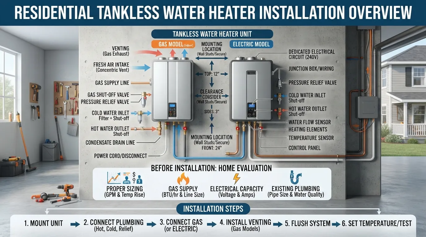 Tankless water heater installation showing the unit, water connections, gas or electrical supply, venting, installation location, and service access