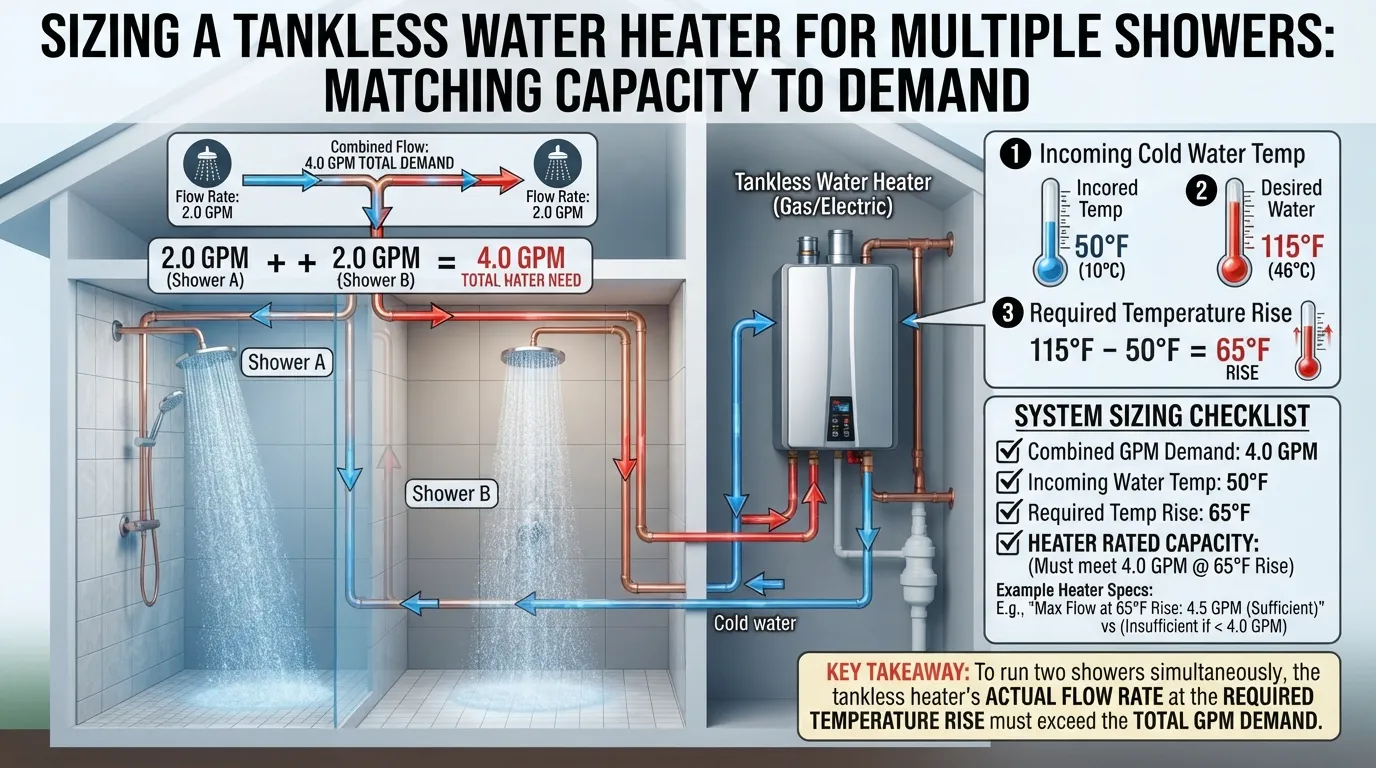 Tankless water heater sizing diagram showing two simultaneous showers, combined water flow in GPM, temperature rise, and factors used to choose the right heater size.
