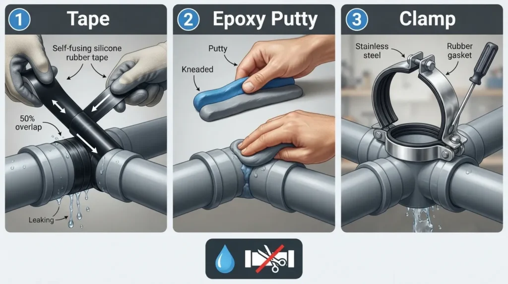 Three side-by-side methods for fixing a leaking PVC pipe joint without cutting it — silicone tape wrapped around the joint, epoxy putty pressed into the gap, and a repair clamp tightened over the leak