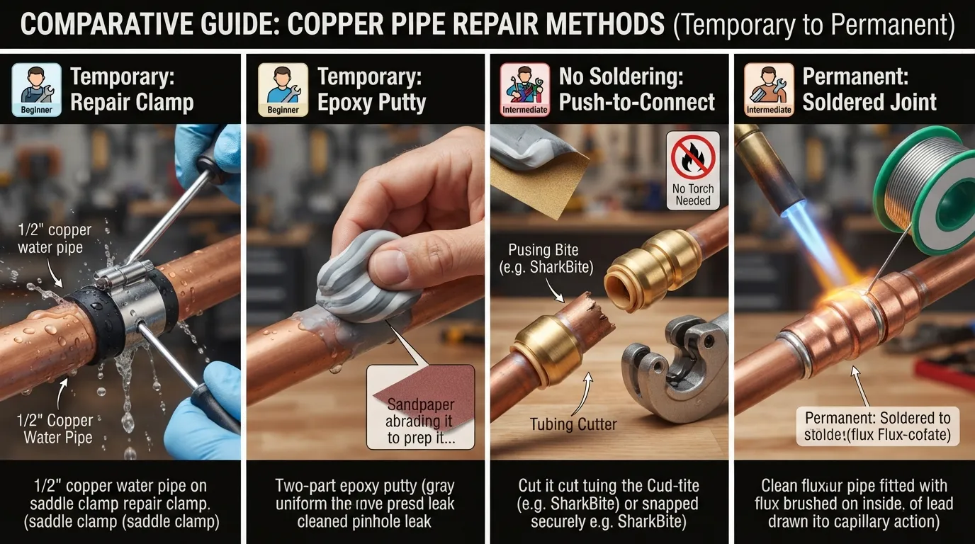 Split-view illustration showing four copper pipe pinhole leak repair methods: a rubber patch and metal clamp, epoxy putty applied over a hole, a push-to-connect fitting joining two pipe ends, and a soldered copper coupling joint.