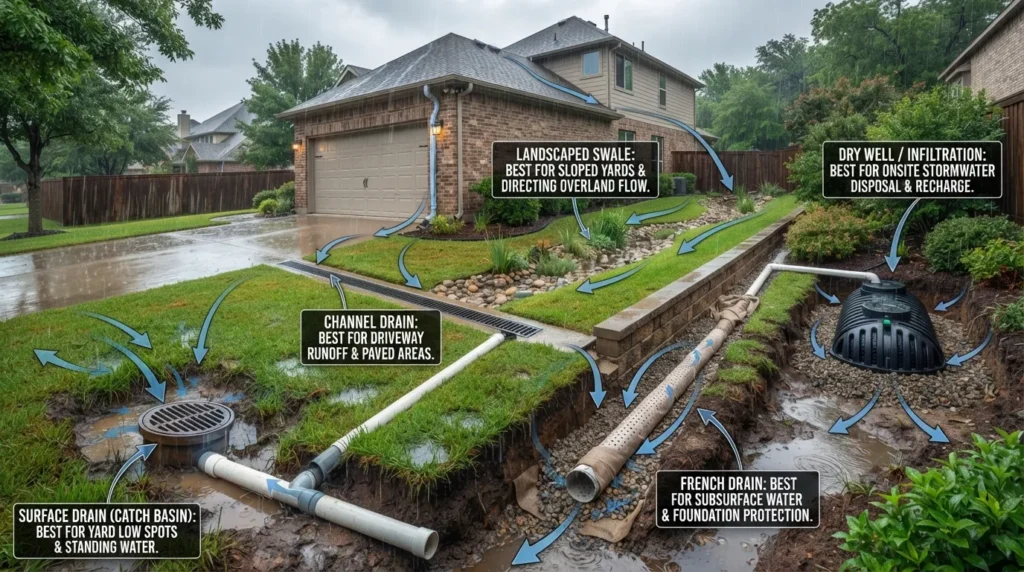 Visual comparison of storm water drainage systems showing how surface drains, French drains, swales, dry wells, and storm drains manage runoff for different property conditions.