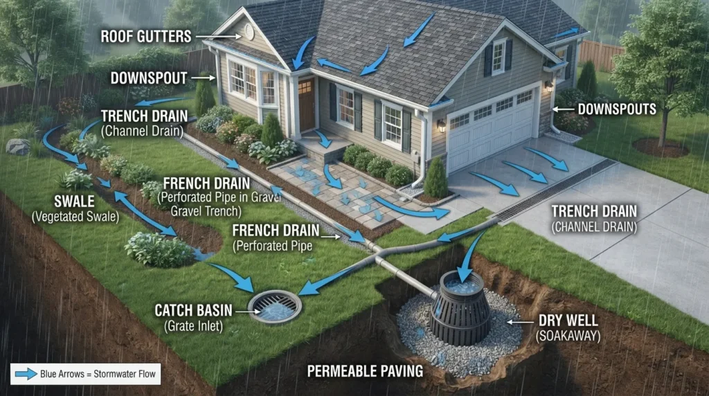 Diagram showing common stormwater drainage systems for homes, including swales, catch basins, trench drains, French drains, downspout drainage, dry wells, and permeable surfaces.