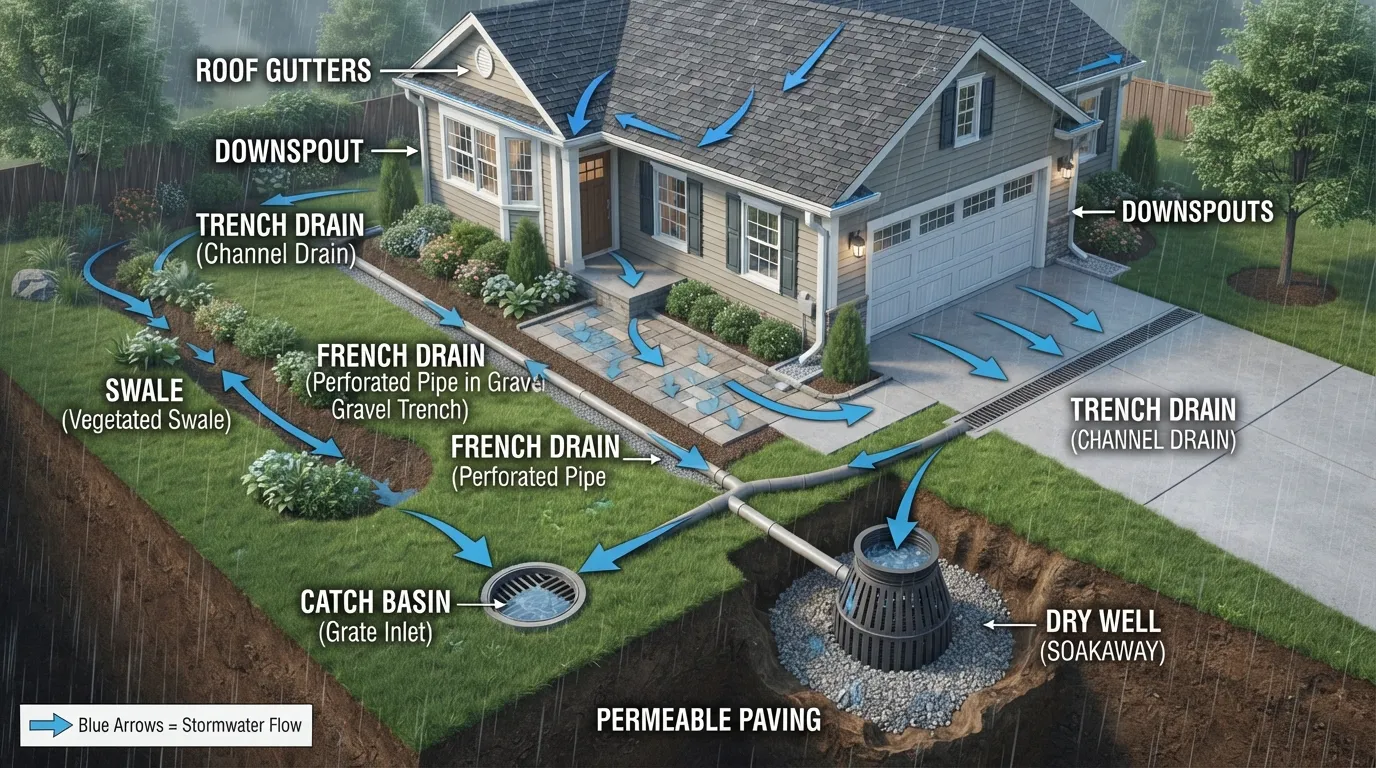 Diagram showing common stormwater drainage systems for homes, including swales, catch basins, trench drains, French drains, downspout drainage, dry wells, and permeable surfaces.