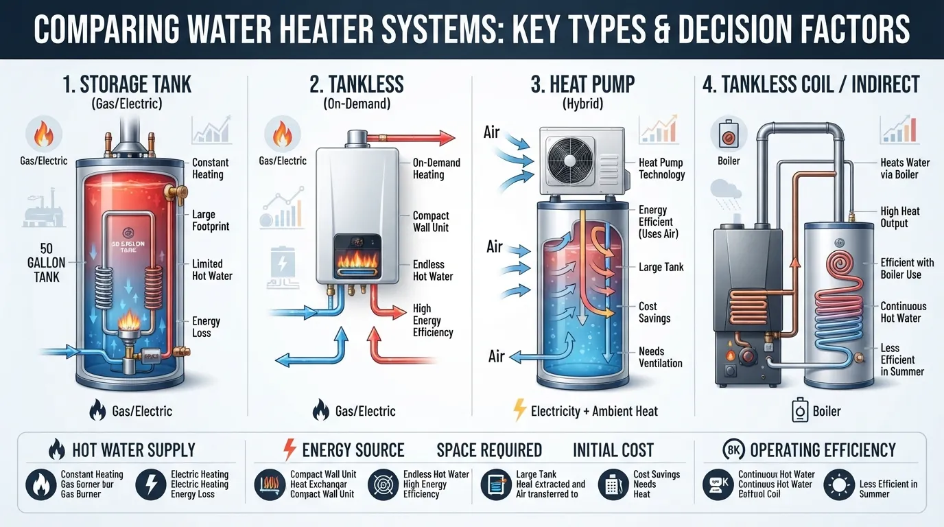 Comparison of different water heater types showing how each hot water system works and which option may suit different home needs