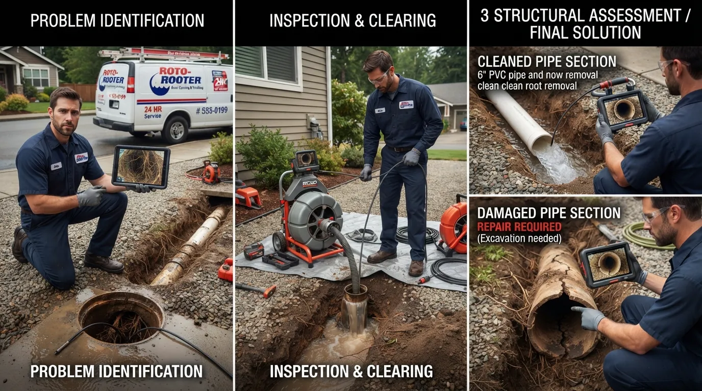 Underground drain cleaning service showing a professional inspecting a clogged buried drain, using drain-cleaning equipment, and identifying when a damaged pipe needs repair instead of cleaning.