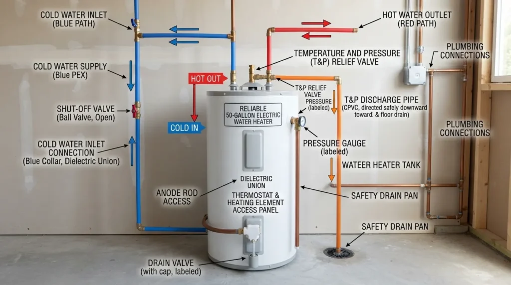 Diagram showing water heater connections with cold water inlet, hot water outlet, shut-off valve, temperature and pressure relief valve, discharge pipe, and installation connections.