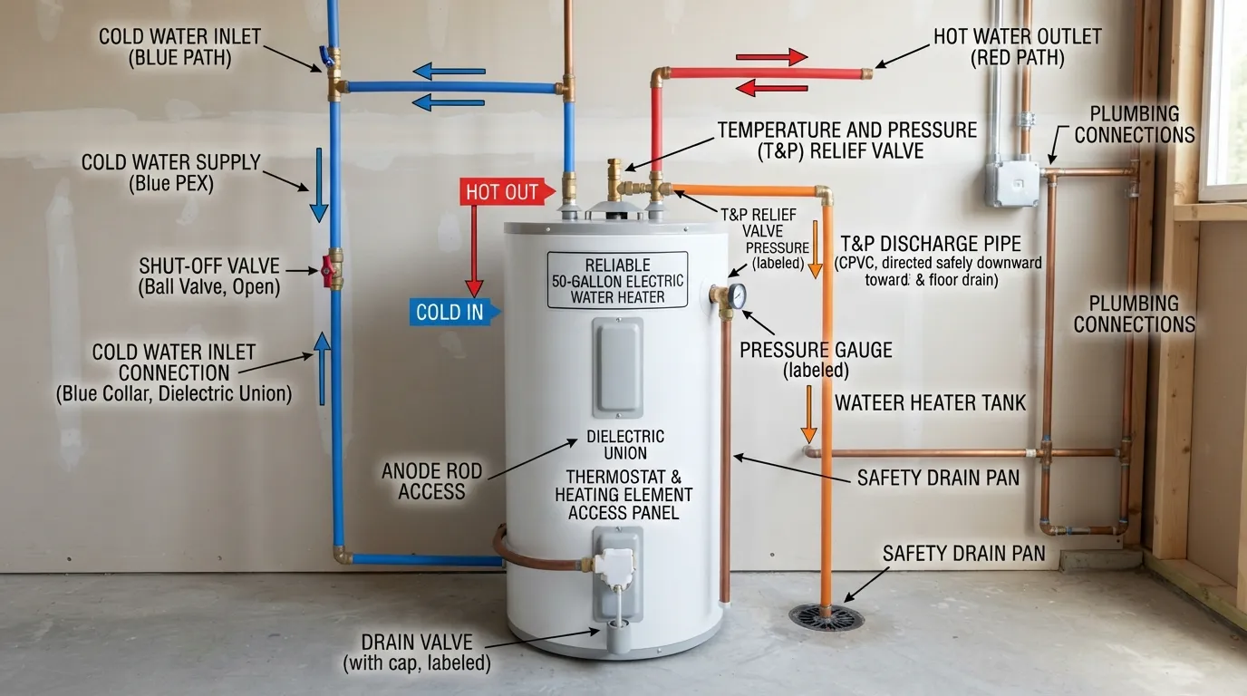 Diagram showing water heater connections with cold water inlet, hot water outlet, shut-off valve, temperature and pressure relief valve, discharge pipe, and installation connections.