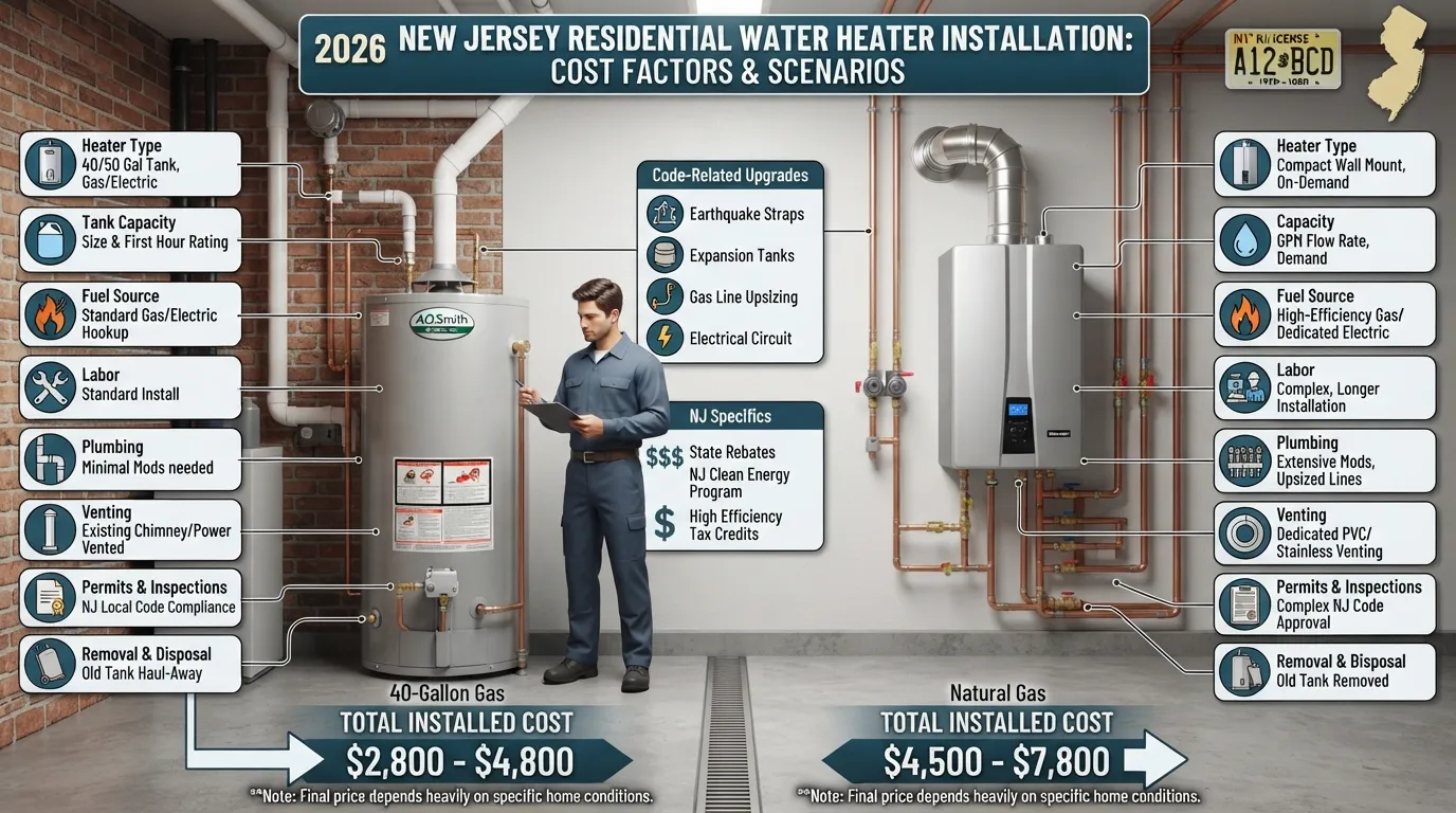 Water heater installation cost in NJ showing tank and tankless systems, installation factors, and major costs homeowners should expect in 2026