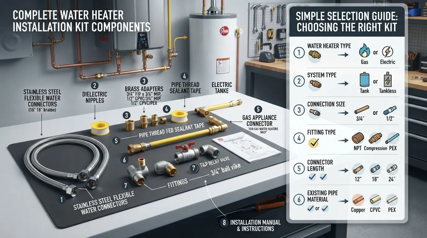 Water heater installation kit showing common components, included parts, and key factors for choosing the right kit