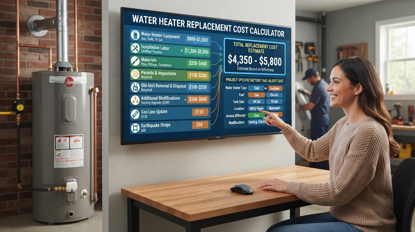 Water heater replacement cost calculator showing the total estimated replacement cost based on equipment, labor, permits, removal, and installation factors