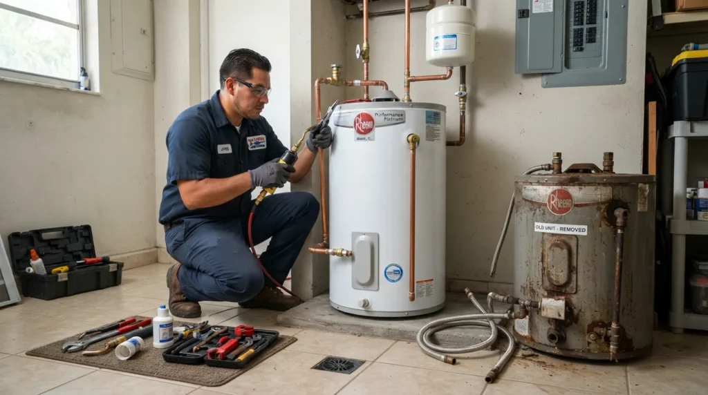 Professional plumber replacing a residential water heater at a Miami, Florida property with the old unit removed and new water heater being installed.