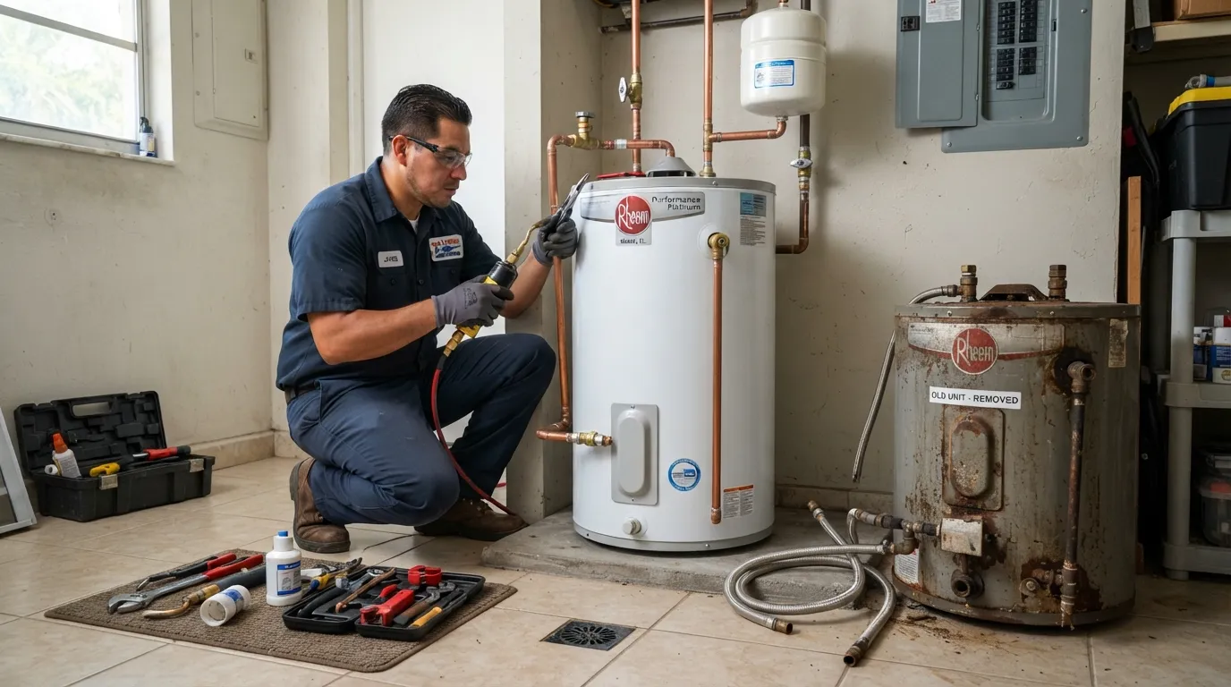 Professional plumber replacing a residential water heater at a Miami, Florida property with the old unit removed and new water heater being installed.