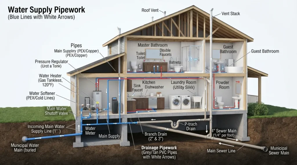 Diagram showing how clean water enters a home through supply pipes, reaches plumbing fixtures, and exits through drainage and wastewater pipes.