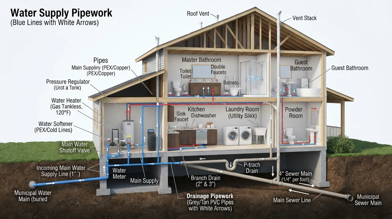 Diagram showing how clean water enters a home through supply pipes, reaches plumbing fixtures, and exits through drainage and wastewater pipes.