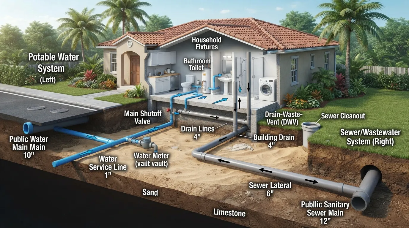 Diagram showing how water lines bring clean water into a Miami home and sewer lines carry wastewater out toward the sewer connection.