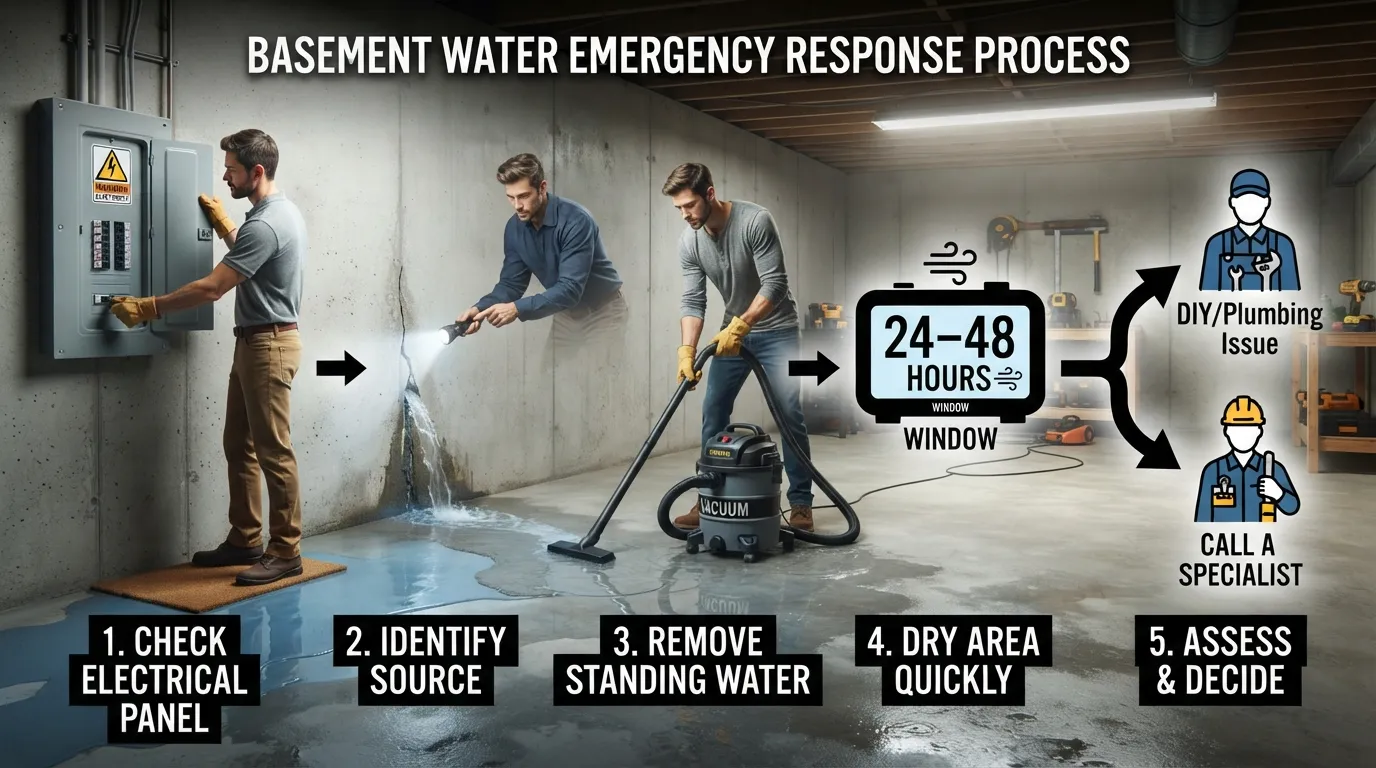 Homeowner checking standing water in basement using a wet vacuum, with numbered emergency steps showing when to call a professional plumber