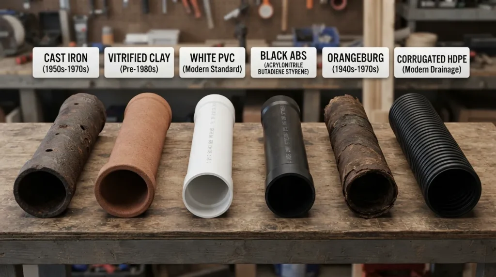 Real examples of different types of sewer pipes shown side by side to help homeowners visually compare and identify common sewer pipe types.