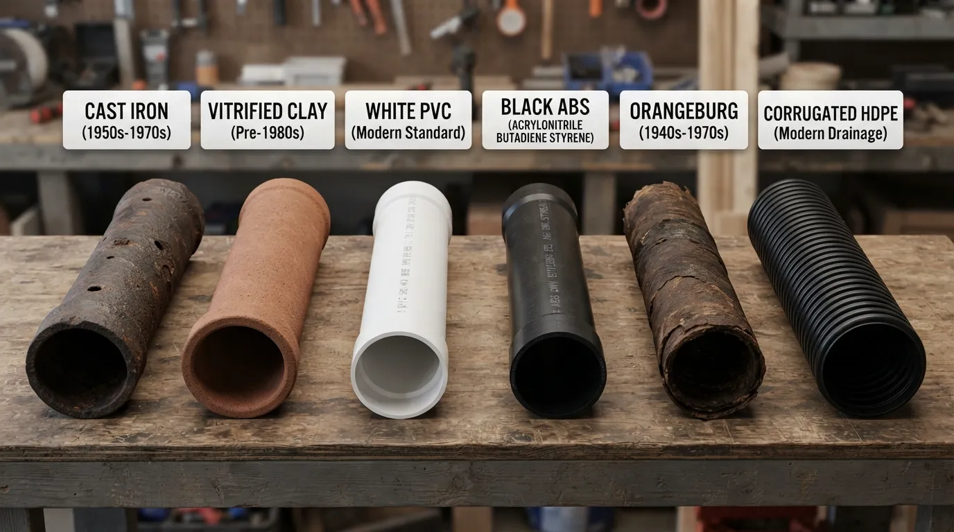 Real examples of different types of sewer pipes shown side by side to help homeowners visually compare and identify common sewer pipe types.