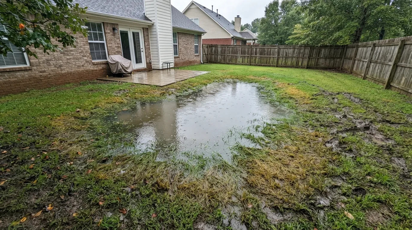 Standing water pooling on a residential lawn after rainfall, showing a common yard drainage problem caused by poor water flow