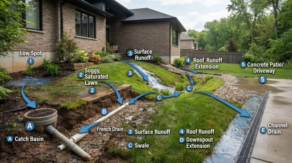 Yard drainage solution guide showing standing water problems and the right fixes, including French drains, catch basins, swales, grading, and downspout drainage.